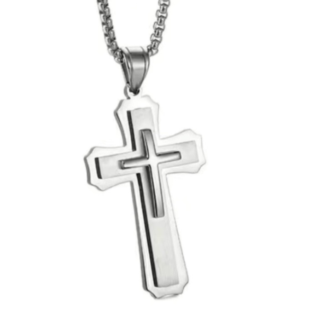 Stainless Steel Cross Necklace - 24” Box Chain 2” Pendant
